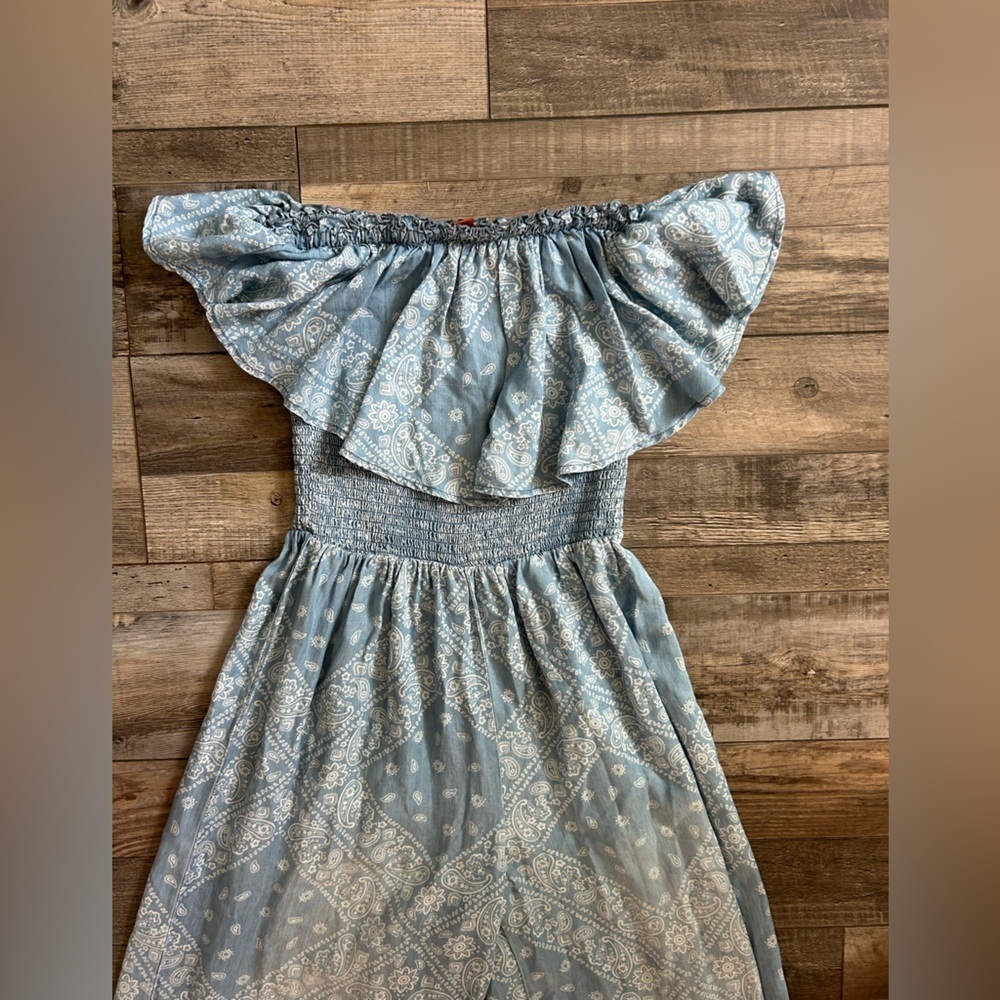 SCULLY bandana jumpsuit flare wide legs- light blue paisley ruffle strapless - Picture 2 of 9
